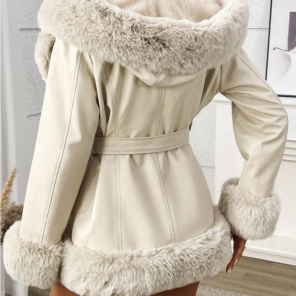 Chic women Beige Faux Fur Trim Faux leather Coat hooded